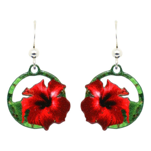 Red Hibiscus Earrings by d'ears Non-Tarnish Sterling Silver French Hook Ear Wire