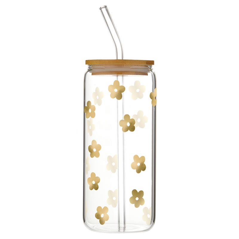 Santa Barbara Design Studio Cold Brew Glass Tumbler With Lid And Straw Glass Cup with Bamboo Lid, 20-Ounce, Gold Flowers