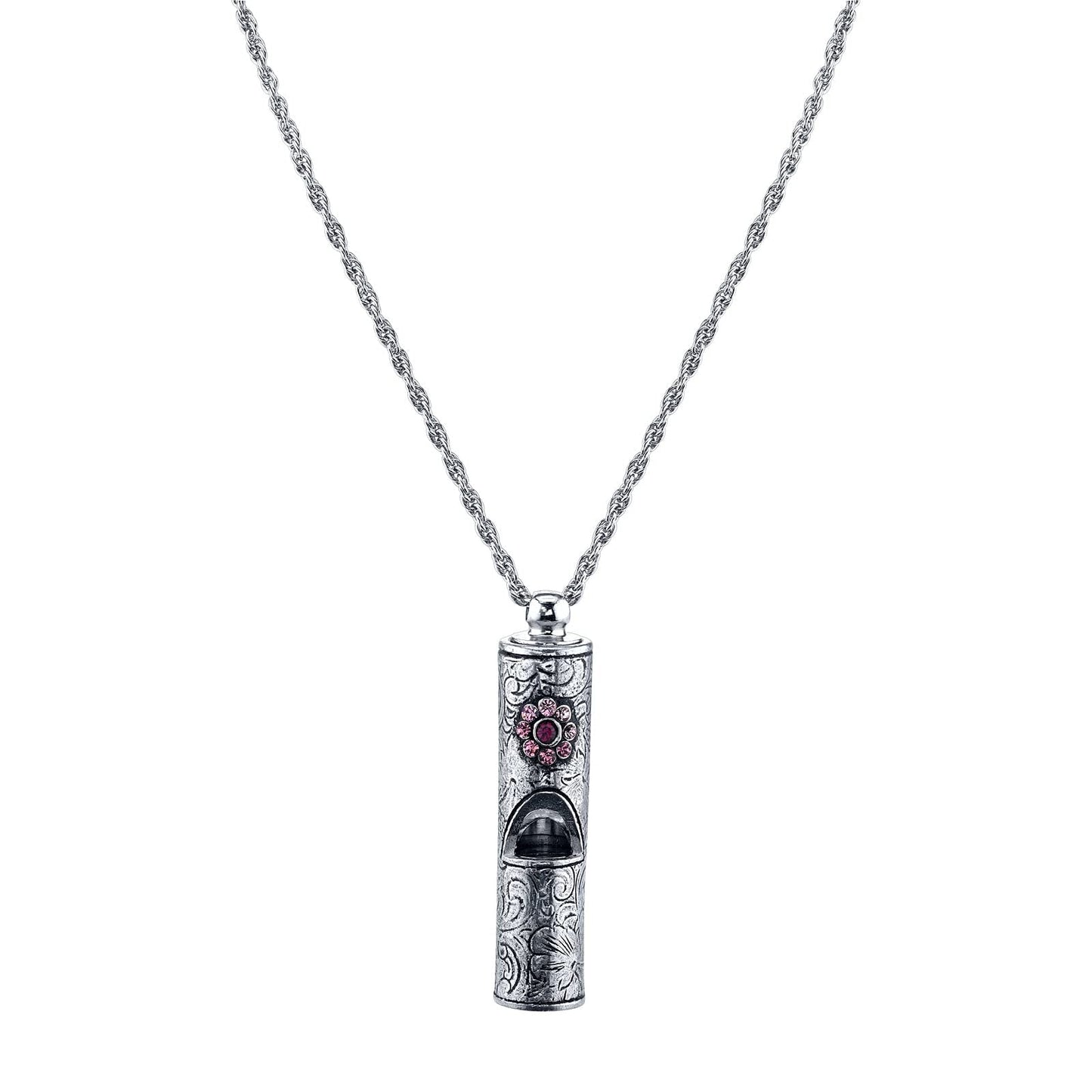 1928 Jewelry Antiqued Pewter Whistle With Flower Necklace 28 Inches