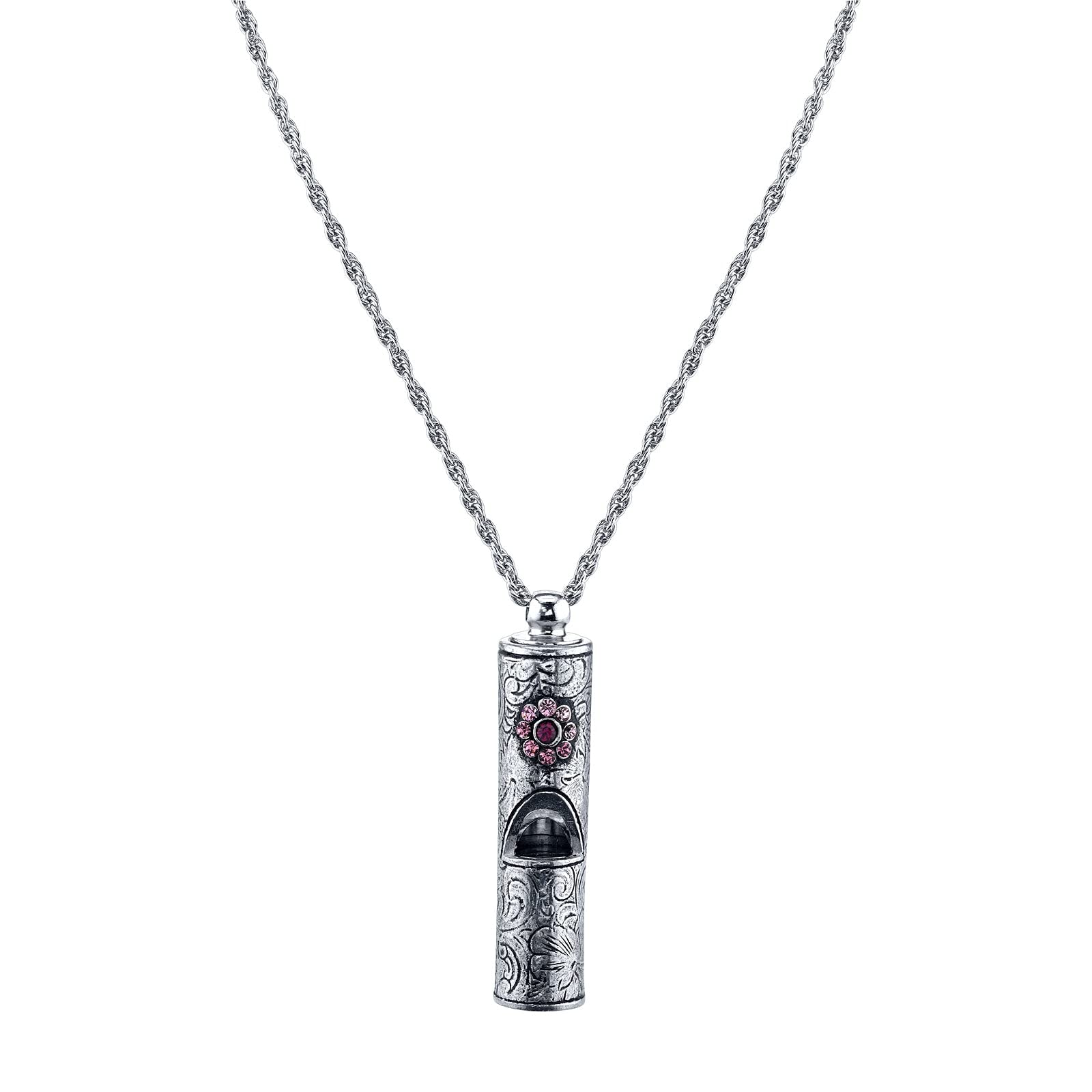 1928 Jewelry Antiqued Pewter Whistle With Flower Necklace 28 Inches