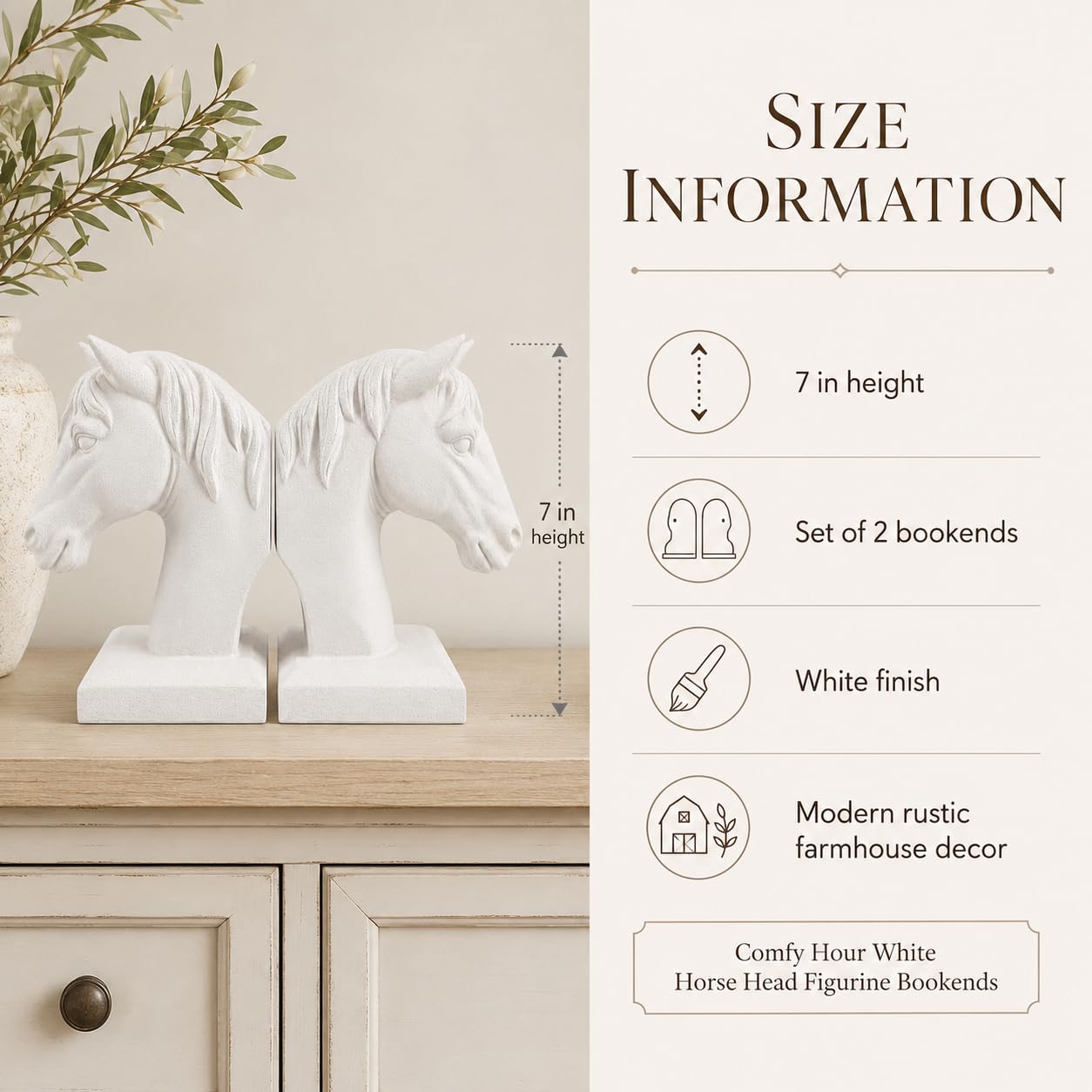 Comfy Hour Farmhouse Home Decor Collection 5" Length 7" Height Set 2 Horse Head Bookends Art Bookend, 1 Pair, Antique Style, Heavy Weight, White, Polyresin