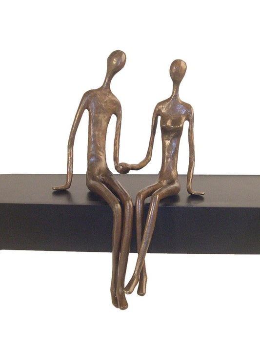 Danya B. Sitting Couple Holding Hands Contemporary Sand-Casted Bronze Sculpture, Home and Office Decor Gift for Spouse and Partner, Birthday, Wedding, Anniversary, Valentine's Day or Romantic Gesture