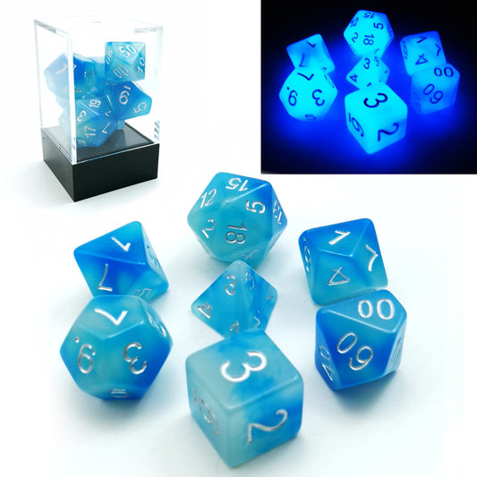 Bescon Dice Gemini Glowing Polyhedral Dice 7pcs Set ICY Rocks, Luminous RPG Dice Set d4 d6 d8 d10 d12 d20 d%, Brick Box Packaging