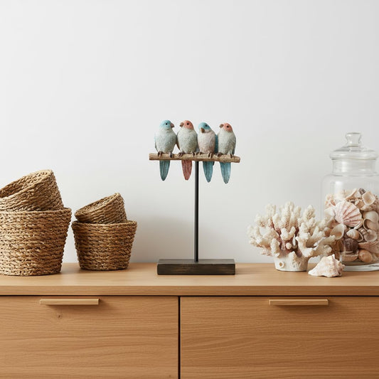 Comfy Hour Farmhouse Home Decor Collection 10" Polyresin Four Birds Sparrows Gathering On Stand Tabletop Decor