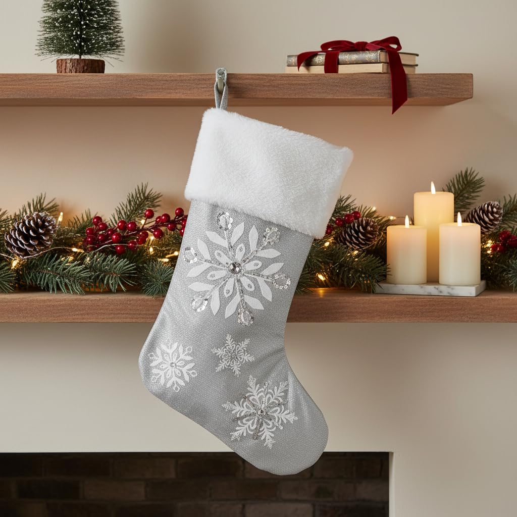 Comfy Hour 18 Inch Christmas Stocking, Silver Snowflake Decor, 1 Unit