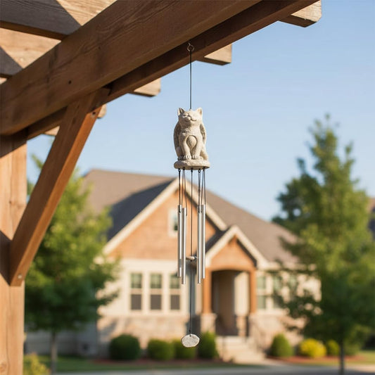 Comfy Hour Pet In Loving Memory Collection 22" Height Polyresin Memorial Hanging Cat Angel Windchime Pet Statue, Handmade Beige, for Your Home Or Garden