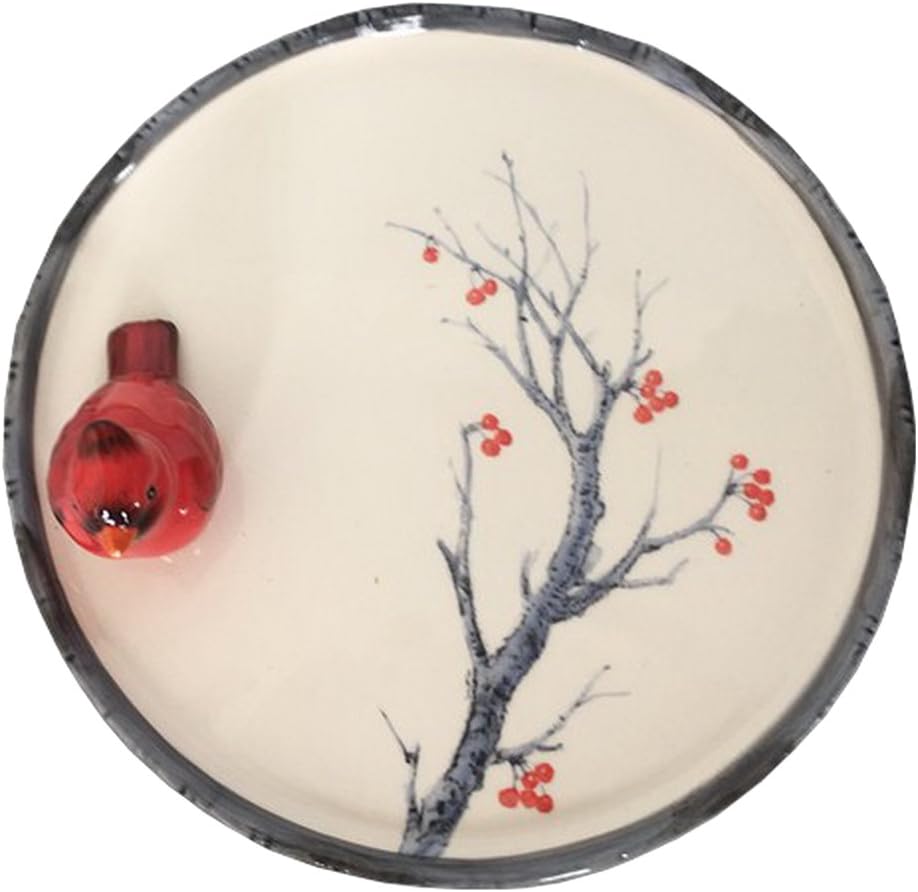 Comfy Hour Farmhouse Home Decor Collection Cake Plate Decorated with Red Cardinal and Decal Tree/Flower, Cake Stand, 7-Inch Diameter, Dolomite