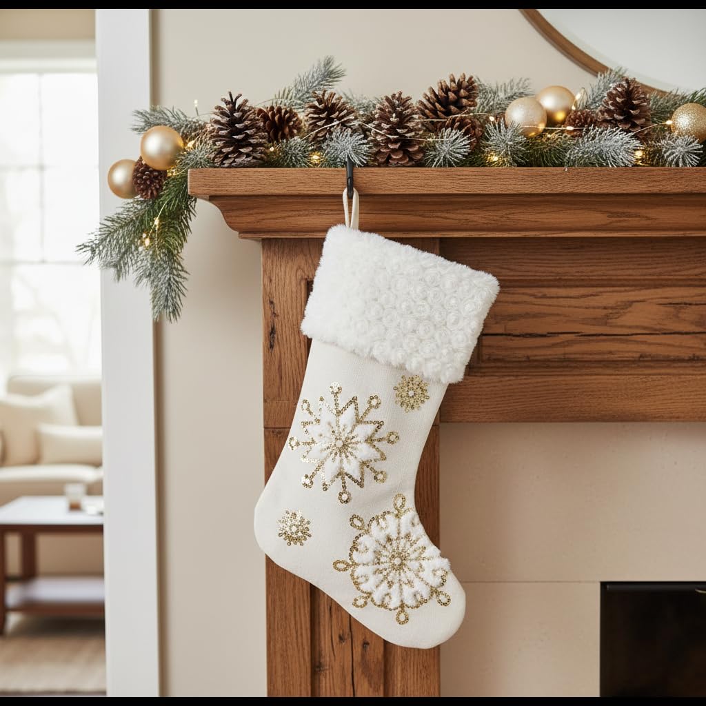 Comfy Hour 18 Inch Christmas Stocking, Gold Snowflake Decor