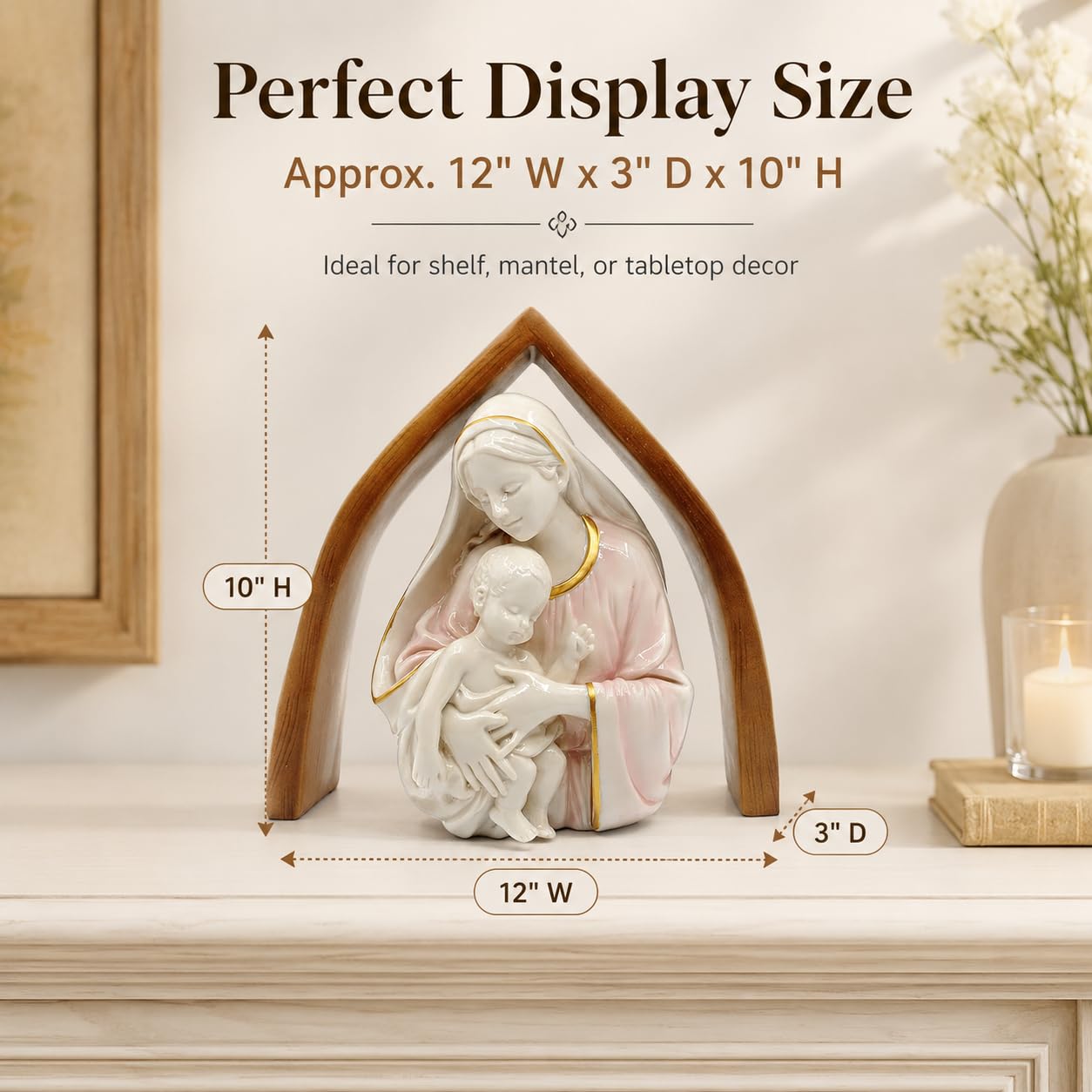 Comfy Hour 10 Inch Mary Statue, Madonna and Child, Wooden-Look Arch