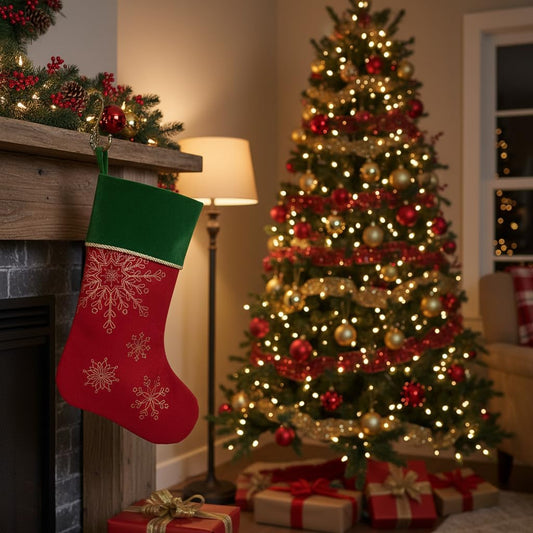 Comfy Hour Winter Holiday Home Collection 20" Winter Christmas Snowflake Stocking Red, Polyester