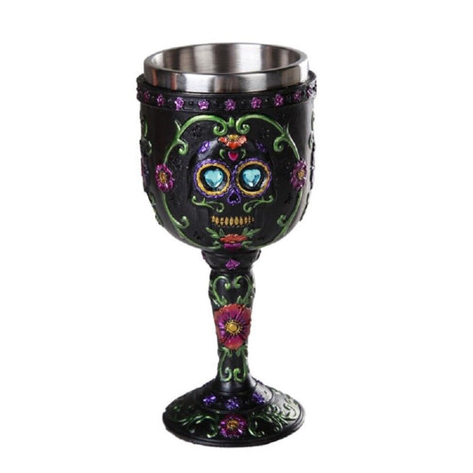 Pacific Trading Giftware Day of The Dead Celebration Black Sugar Skull Floral Design Collectible Wine Goblet 7oz