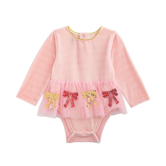 Mud Pie Dress, Pink, Kids Christmas Velour Sequin Bow Tutu Crawler