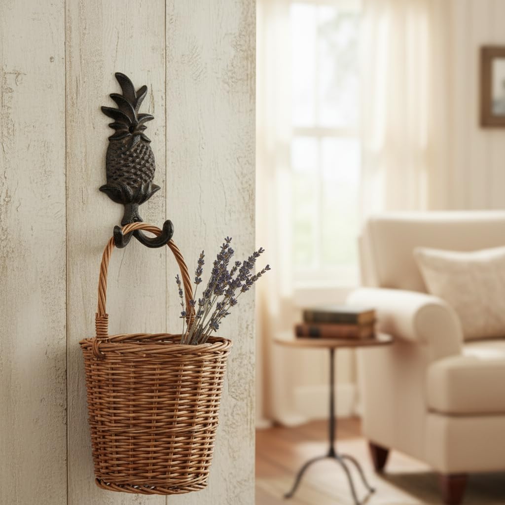 Comfy Hour Antique & Vintage Interior Decor Collection Cast Iron Pineapple Double Key Coat Hooks Clothes Rack Wall Hanger Heavy Duty Recycled Gift Idea