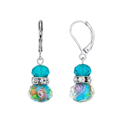 1928 Jewelry Aqua Blue Pink Rose Beaded Crystal Accent Drop Earrings