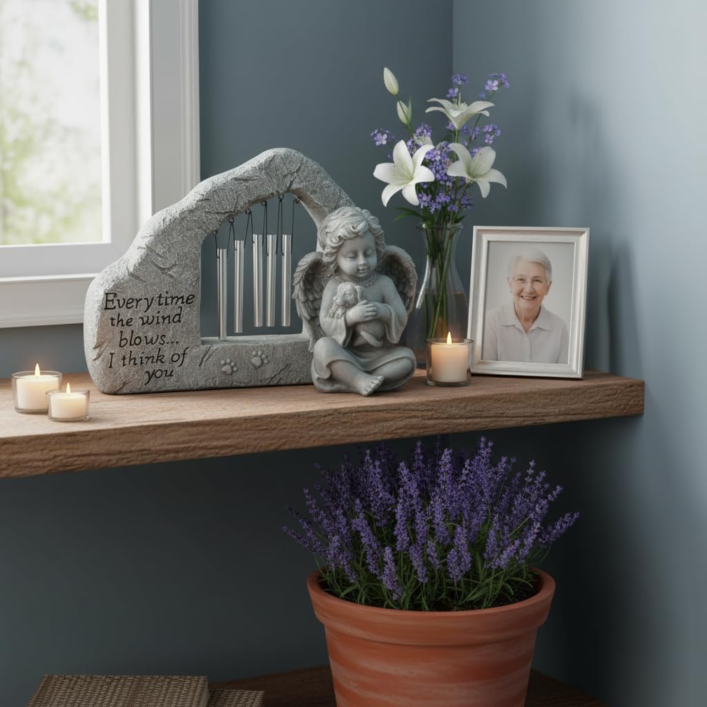 Comfy Hour Pet In Loving Memory Collection Resin Memorial Stone Windchime Dog and Angel Pet Statue, Faithful Memory of Dog's Bereavement