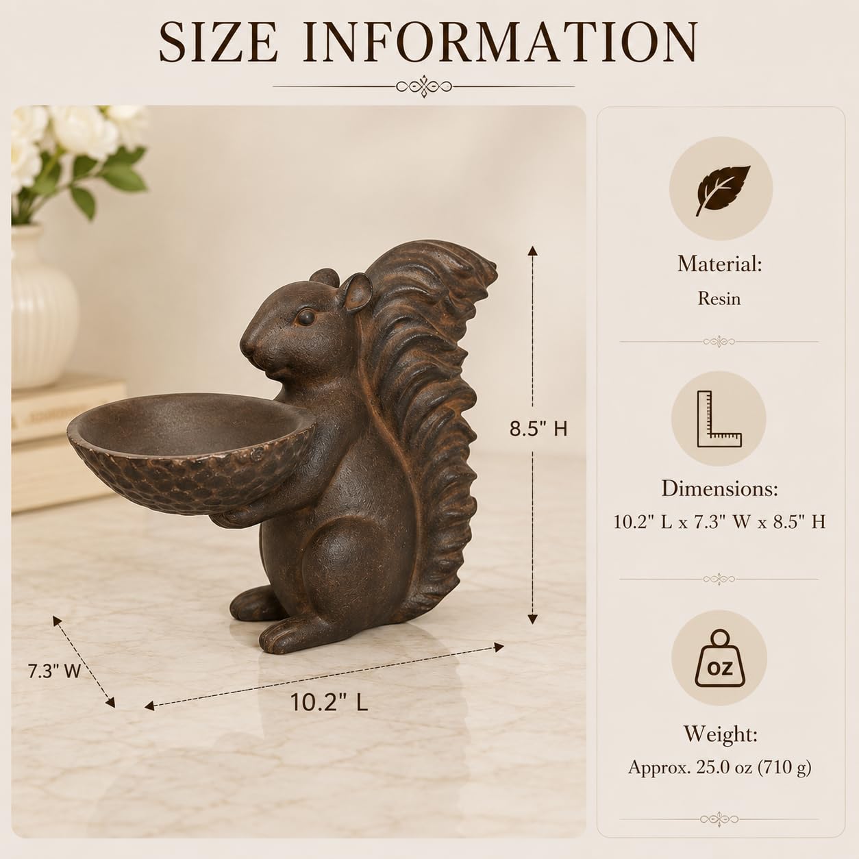 Comfy Hour Farmhouse Home Decor Collection 8" Decorative Squirrel Holding A Plate Figurine, For Indoor Candy Plate Or Outdoor Birdfeeder Use, Polyresin Statue Antique Copper Looking