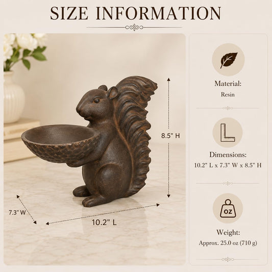 Comfy Hour Farmhouse Home Decor Collection 8" Decorative Squirrel Holding A Plate Figurine, For Indoor Candy Plate Or Outdoor Birdfeeder Use, Polyresin Statue Antique Copper Looking