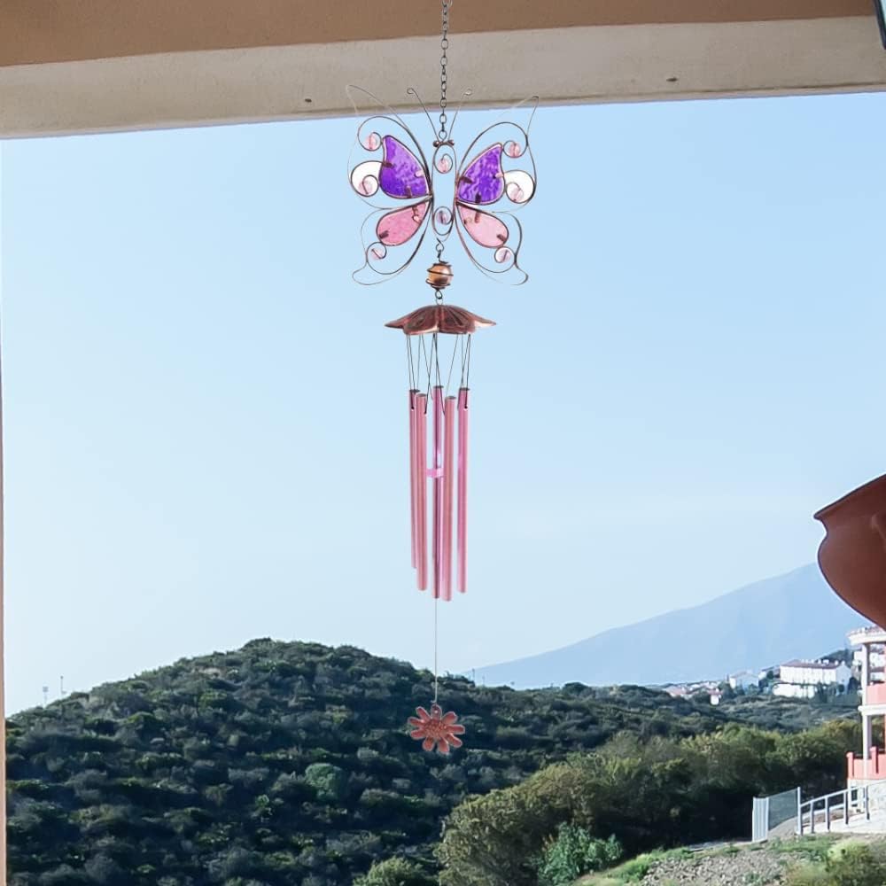 Comfy Hour Travel on Wings Collection 32" Metal Art Butterfly Windchime, Pink Wind Chime, Soothing Sound, Metal