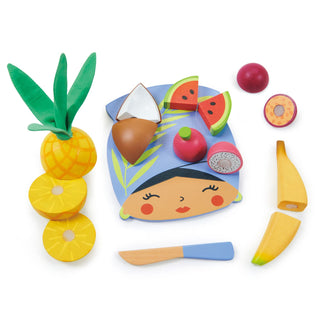 Tender Leaf Toys - Tropical Fruit Chopping Board - Wooden Play Food Set with 6 Choppable Fruits, Wood Knife and Illustrated Board - Improves Fine Motor Skills - Age 2+