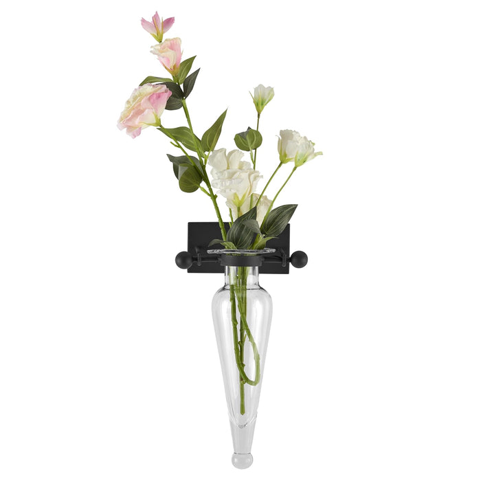Danya B. Decorative Wall Mount Amphora Glass Flower Vase on Iron Sconce with Finials Clear Glass, Vase Wall D‚àö¬©cor for Indoor or Outdoor Patio and Garden Decor