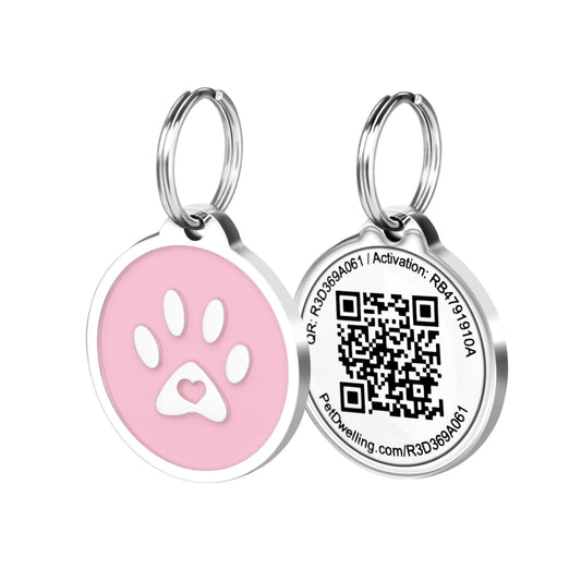 Pet Dwelling 2D QR Code Pet ID Tag - Dog Tags - Cat Tags, Link to Online Pet Profile, Instant Email Alert with Scan QR Code GPS Location(Pink Paw)