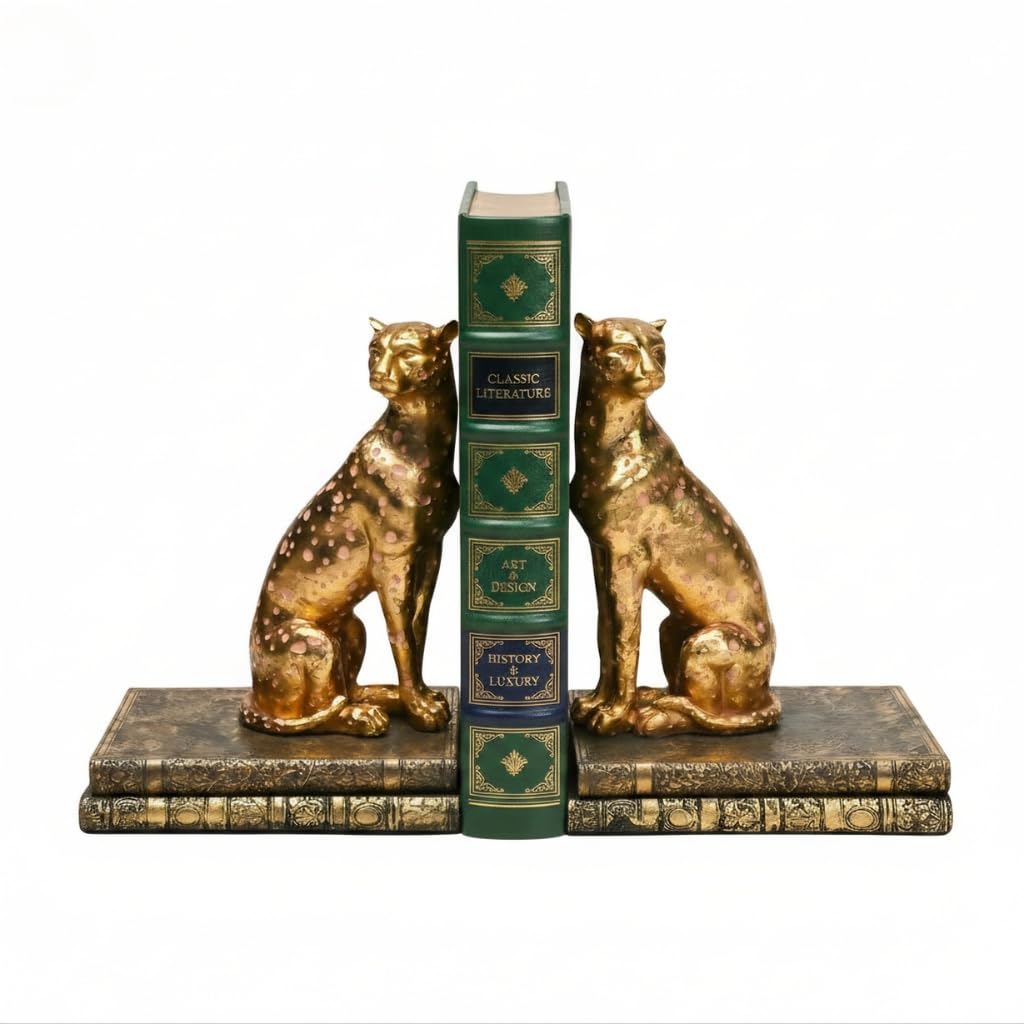 Comfy Hour Farmhouse Home Decor Collection Polyresin Solid Heavy Set of L/R Cheetah Art Bookends, 1 Pair, Gold