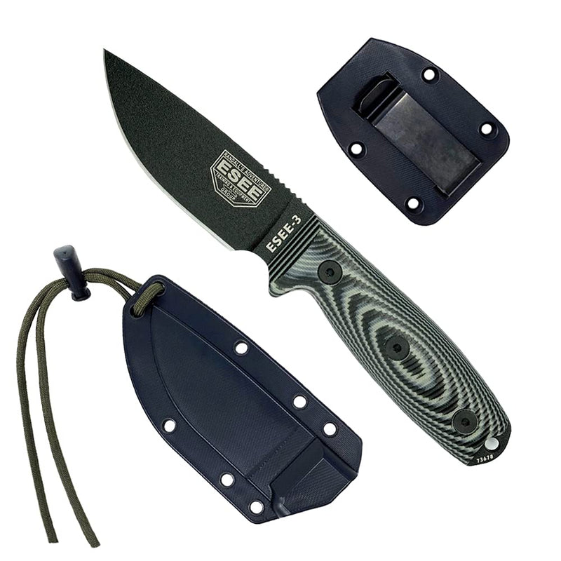 ESEE-3 1095 Carbon Steel, Black Sheath (Black Blade, Gray/Black G-10 3D Handle)
