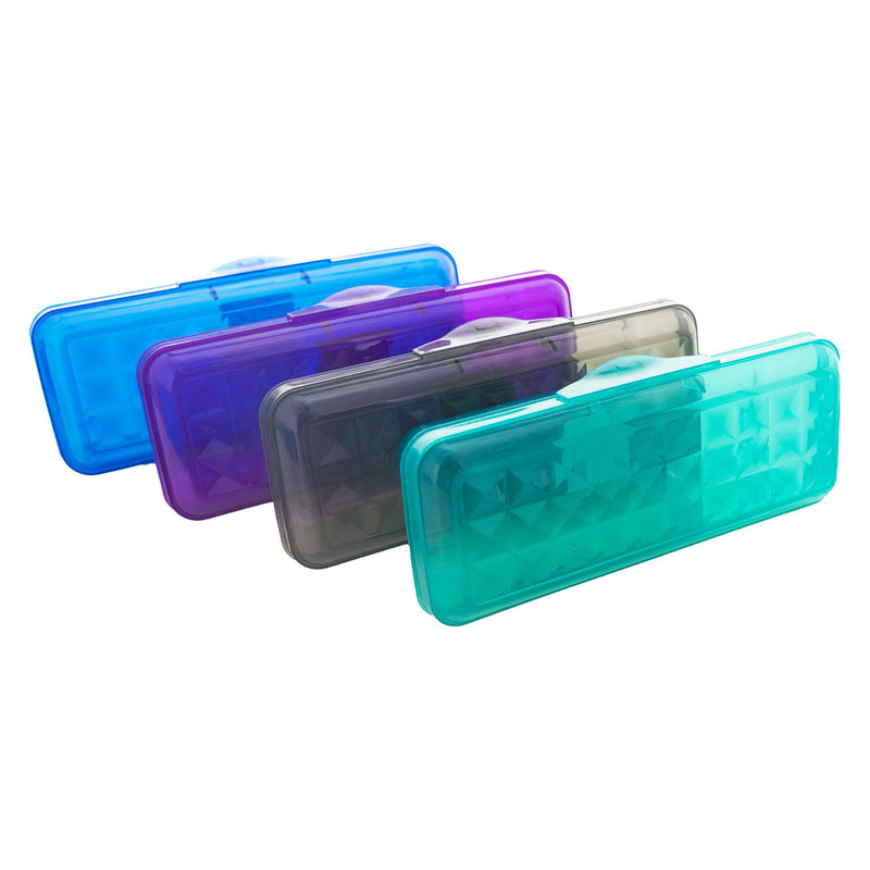 BAZIC Plastic Pencil Case 8" Storage Box, Assorted Color, Hard Pencil Case, Translucent Multi Purpose Organizer, 4-Pack
