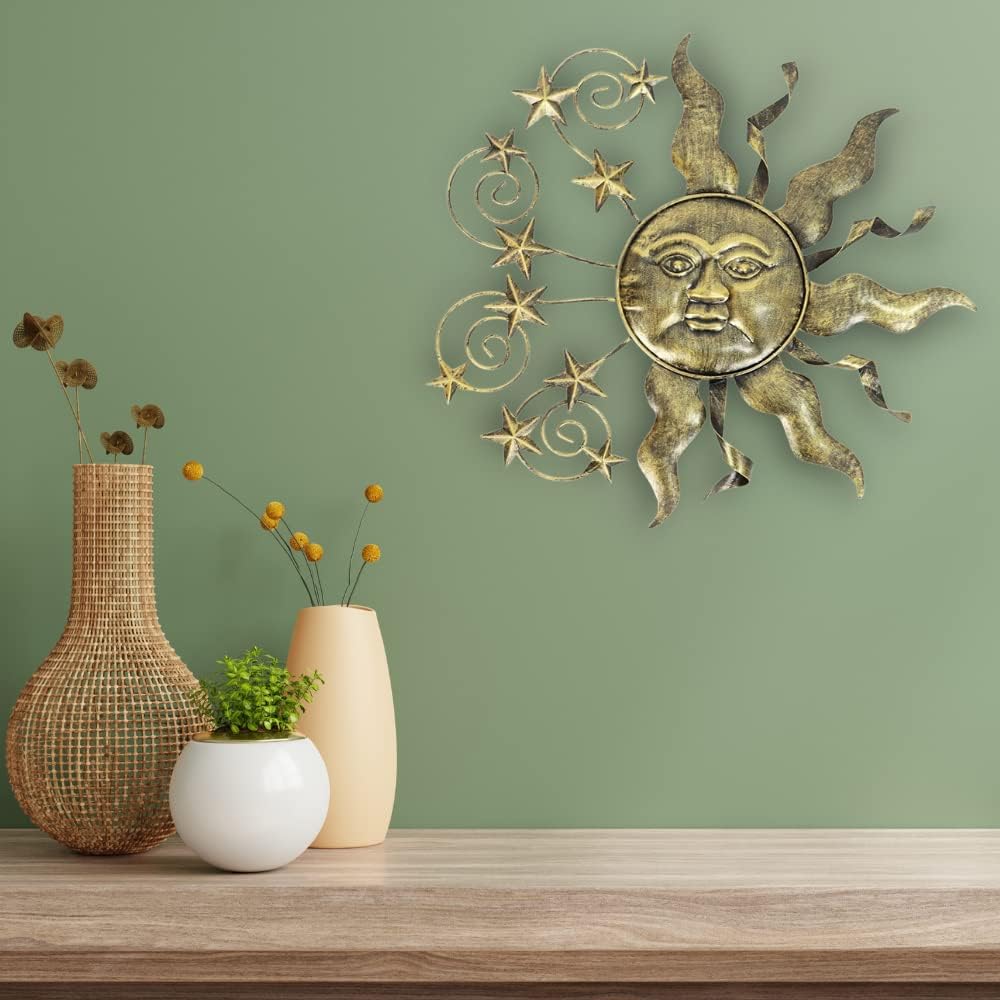 Comfy Hour Sun Moon Face Engraved Collection 19" Metal Art Sunface Star Wall Decor, Home Decor, Wall Attachment, Golden Bronze