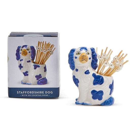 Two's Company Staffordshire Dog with 20 Picks in Gift Box, Blue and White, Ceramic/Bamboo