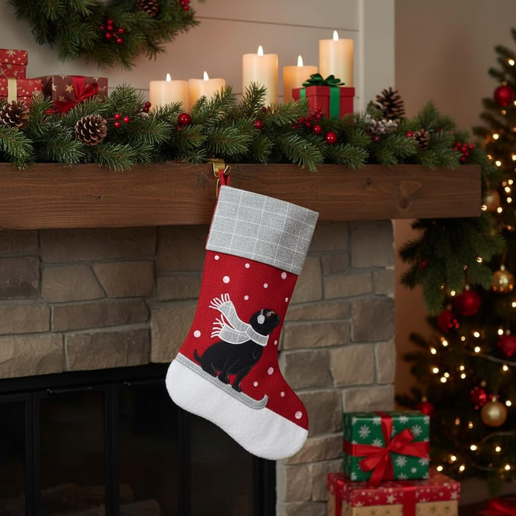 Comfy Hour Winter Holiday Home Collection 18"x11" Snowing Scarf Dog On Sleigh Stocking Christmas Decoration, Polyester