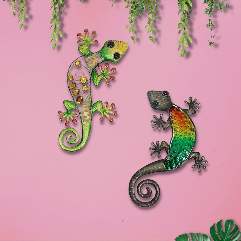 Comfy Hour Colorful Lizard Design Metal Art Gecko Wall Decor in Set of 2