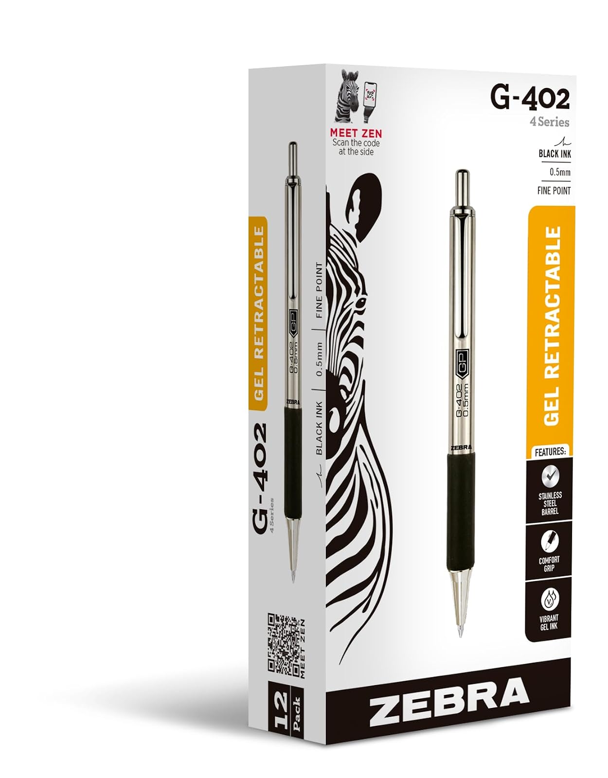 Zebra Pen G-402 Retractable Gel Pen, Stainless Steel Barrel, Fine Point, 0.5mm, Black Ink, 12-Pack