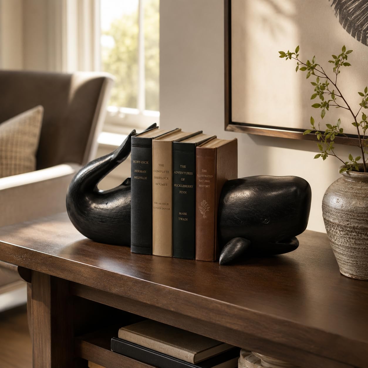 Comfy Hour Farmhouse Home Decor Collection Resin Set 2 Whale Bookends Art Bookends Solid Heavy Weight, Black