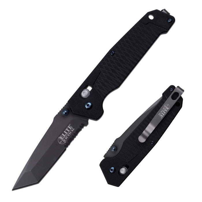 Master Cutlery Elite Tactical - Folding Pocket Knife - Tanto Point Serrated Blade with Black G10 Handle and Pocket Clip - Rapid Lock Tactical Military Knife - 8" Overall Length