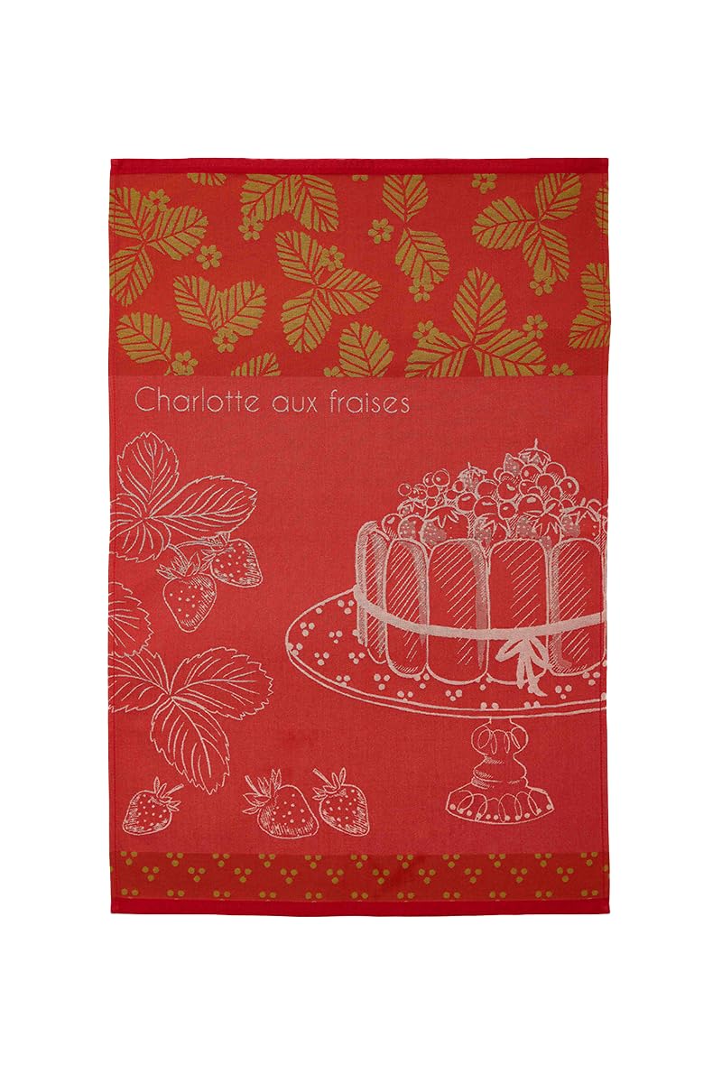 Coucke French Cotton Jacquard Towel, Strawberry Charlotte Design, 20-Inches by 30-Inches, Red, 100% Cotton