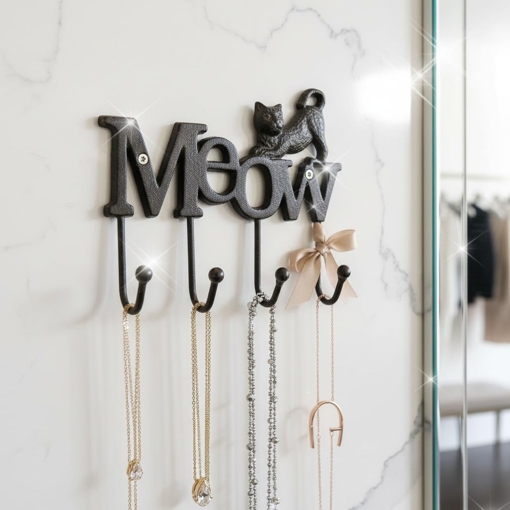Comfy Hour 6" Cast Iron Cat Meow Four Key Hooks Key Chain Wall Hanger