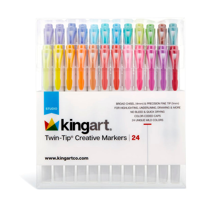 KINGART Twin-Tip Creative Markers, Soft Mild Pastel Highlighter Pens, Broad & Fine Tips, Set of 24