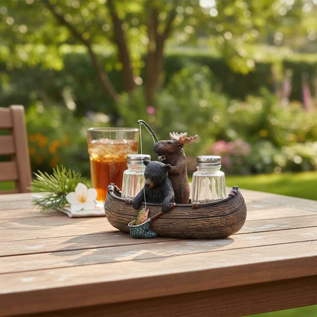 Comfy Hour 6.7 Inch Bear Salt and Pepper Shakers, Moose Canoe Holder