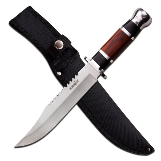 Master Cutlery SURVIVOR - Fixed Blade Knife - Satin Finish Clip Point Blade w/Sawback, Black and Brown Wood Handle, Nylon Sheath - HK-781L - Hunting, Camping, Survival - Prep. Survive. Thrive.
