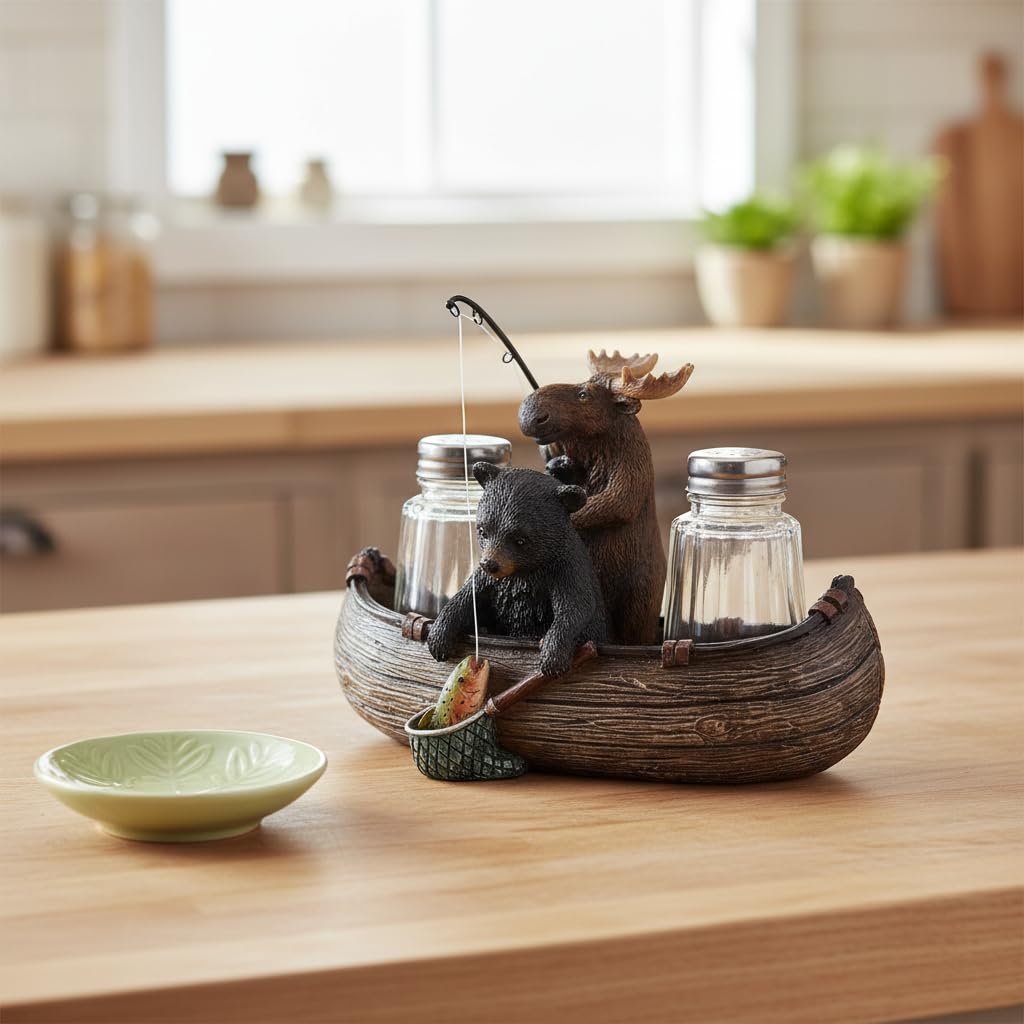 Comfy Hour 6.7 Inch Bear Salt and Pepper Shakers, Moose Canoe Holder