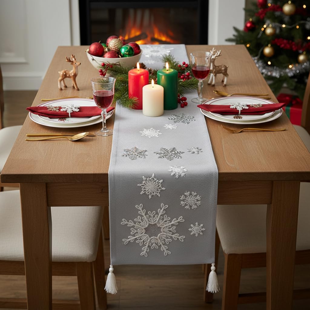 Comfy Hour Let It Snow Collection 13" x 72" Winter Christmas Snowflake Table Runner, Polyester