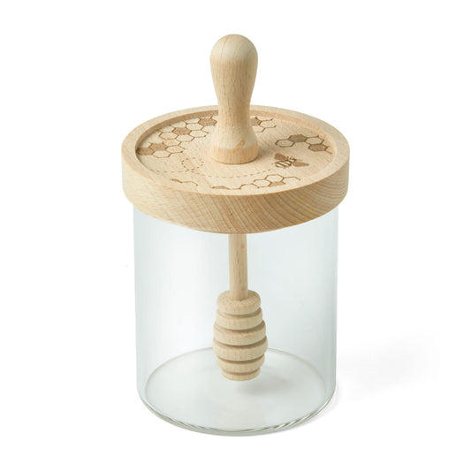 Talisman Designs Glass Honey Jar with Laser Etched Beechwood Lid & Integrated Honey Dipper - Honey Bee Collection, Set of 1