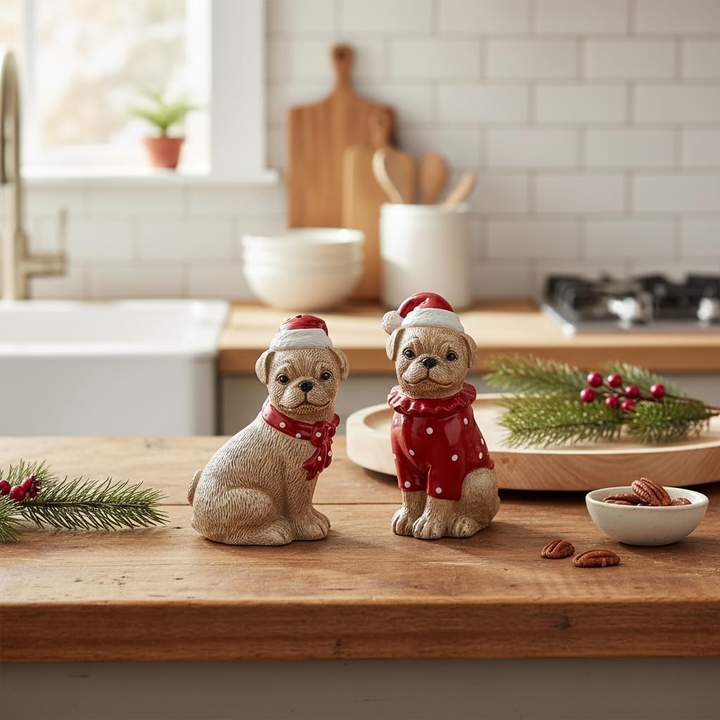 Comfy Hour Farmhouse Home Decor Collection Christmas Dog Friends Salt & Pepper Set, Brown & Red, Santa Hat, Holiday, Dolomite