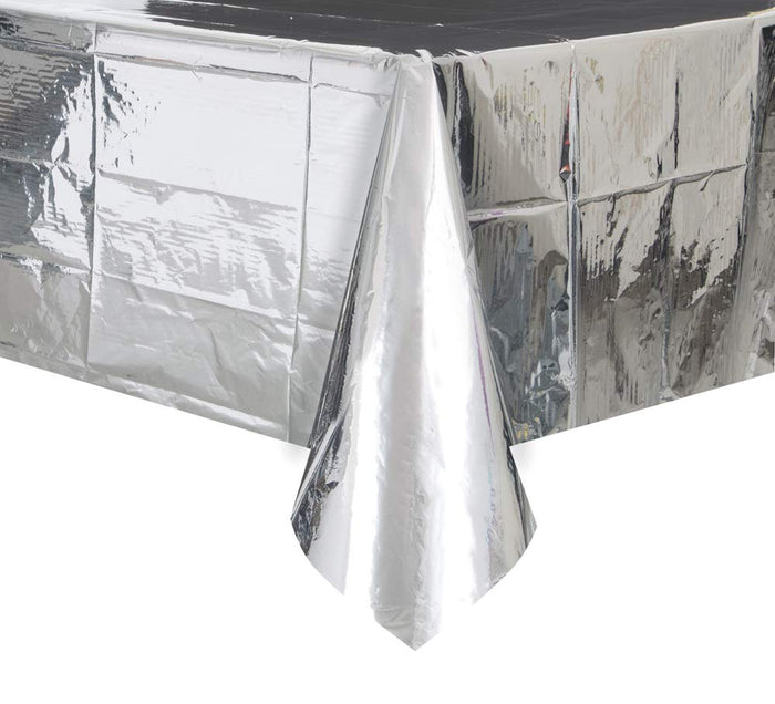 Unique Industries Foil Silver Plastic Tablecloth, 108 x 54"
