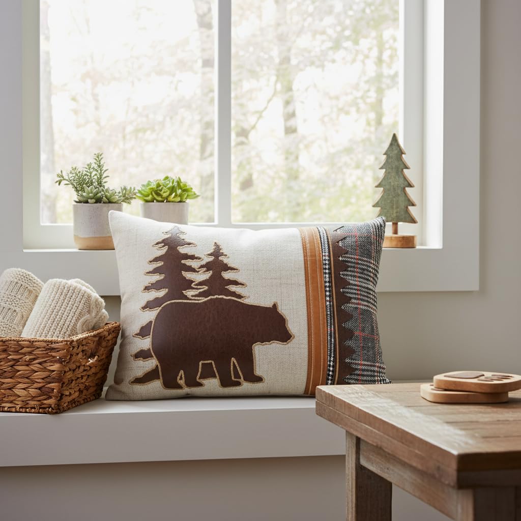 Comfy Hour 18 x 13 Inch Bear Pillow, Plaid Cabin Lumbar Throw Pillow