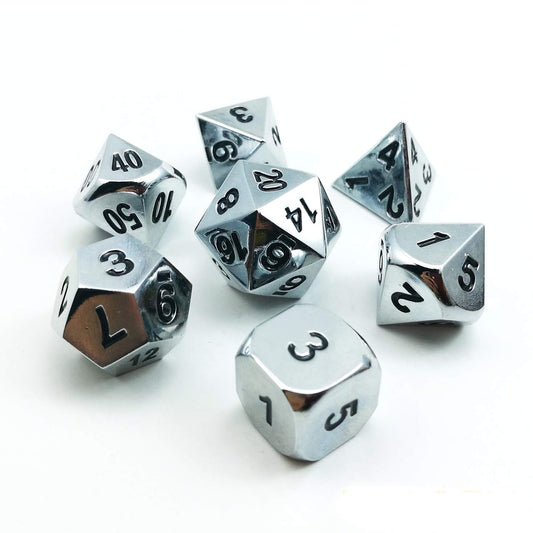 Bescon Dice Super Shiny Gloss Silver Metal 7pcs Polyhedral Dice Set, Chrome Metal RPG Game Dice 7pcs Set