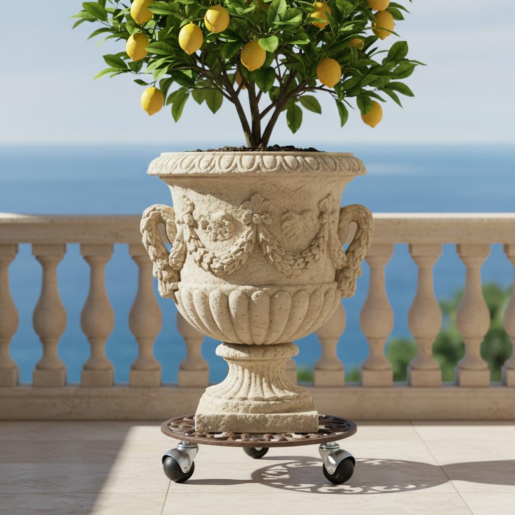 Comfy Hour 12" Cast Iron Plant Trolley Flowerpot Holder, Fixed with Heavy Duty Super Strong Industrial Strength Iron Wheels