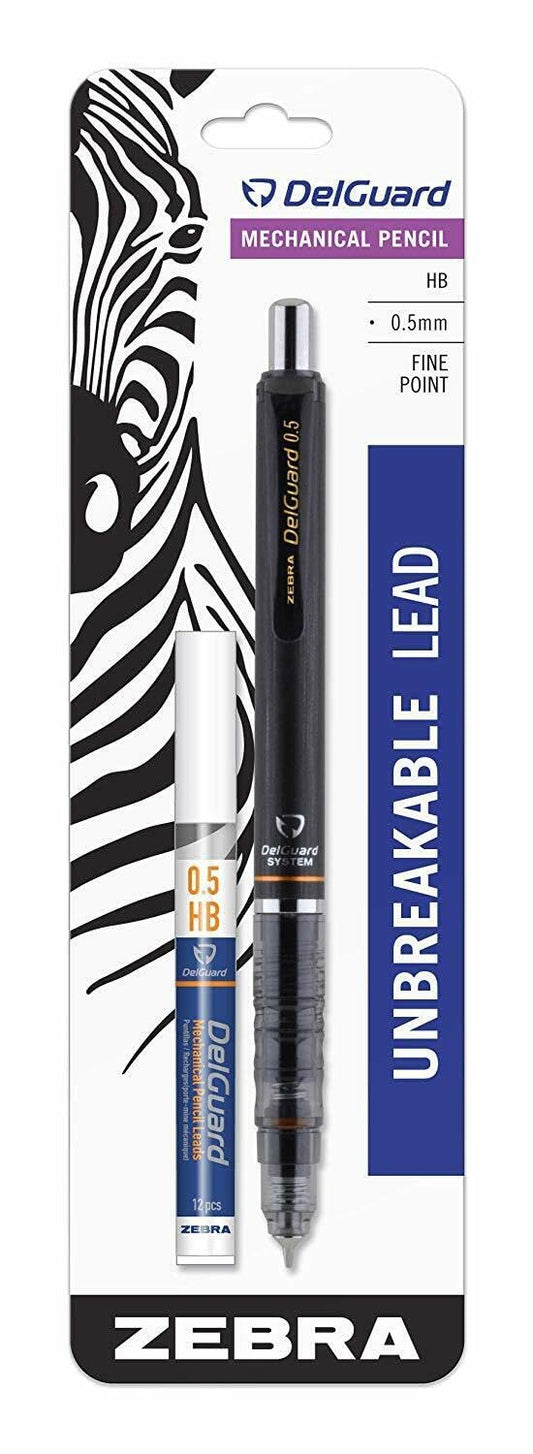 Zebra Pen DelGuard Mechanical Pencil with Bonus Lead Refill, Fine Point, 0.5mm Point Size, Standard #2 HB Lead, Black Barrel, 1-Count
