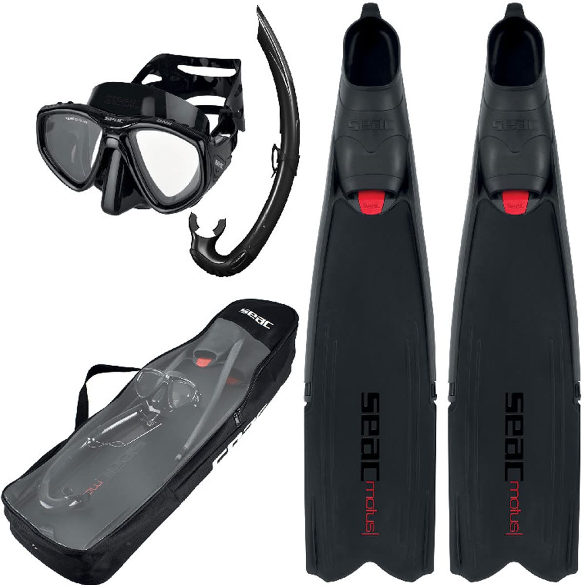 SEAC Set Tris Motus Set (Motus Long Fins, One Diving Mask, Jet Snorkel, Shoulder Bag), Black, 11-12